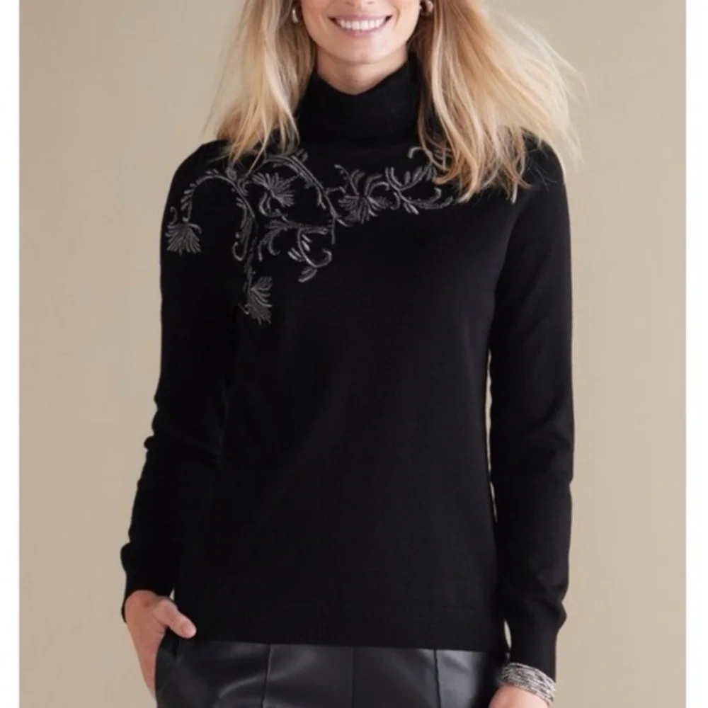 NWT Soft Surroundings Black Embroidered Turtleneck Sweater Metallic Floral Knit